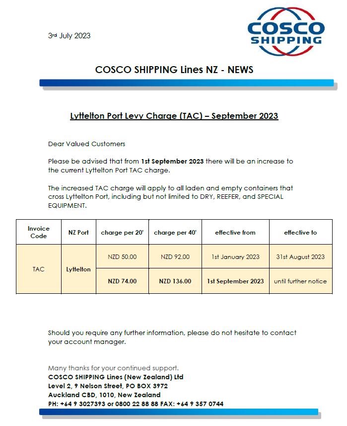 COSCO NZ - LPC Change