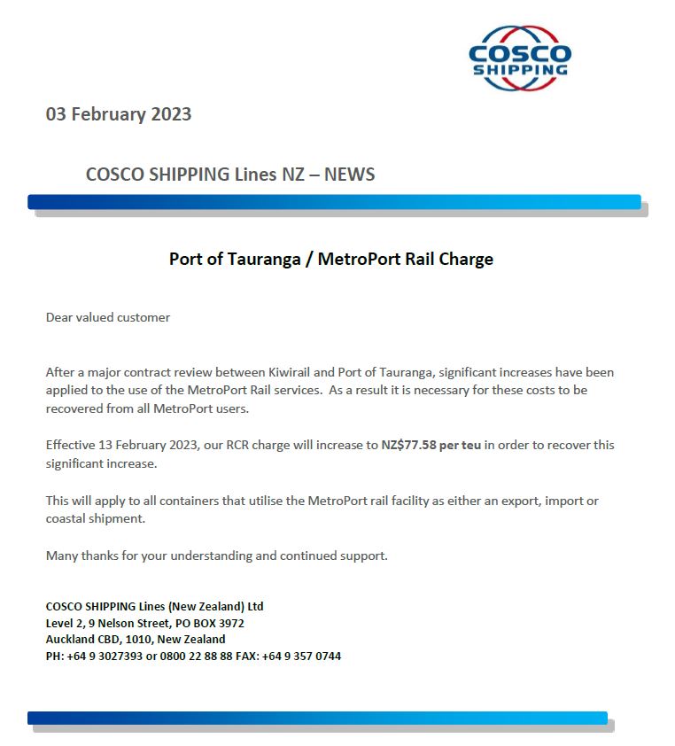 COSCO NZ - PoT / Metroport Rail Charge